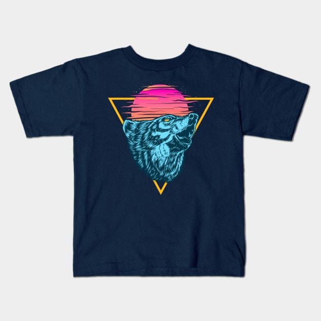 Funky Sunset Wolf Cry Kids T-Shirt by machmigo